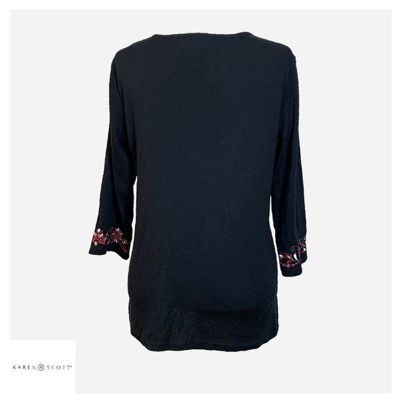 Karen Scott Long Sleeves Embroidered Jersey Top - Picture 2 of 4